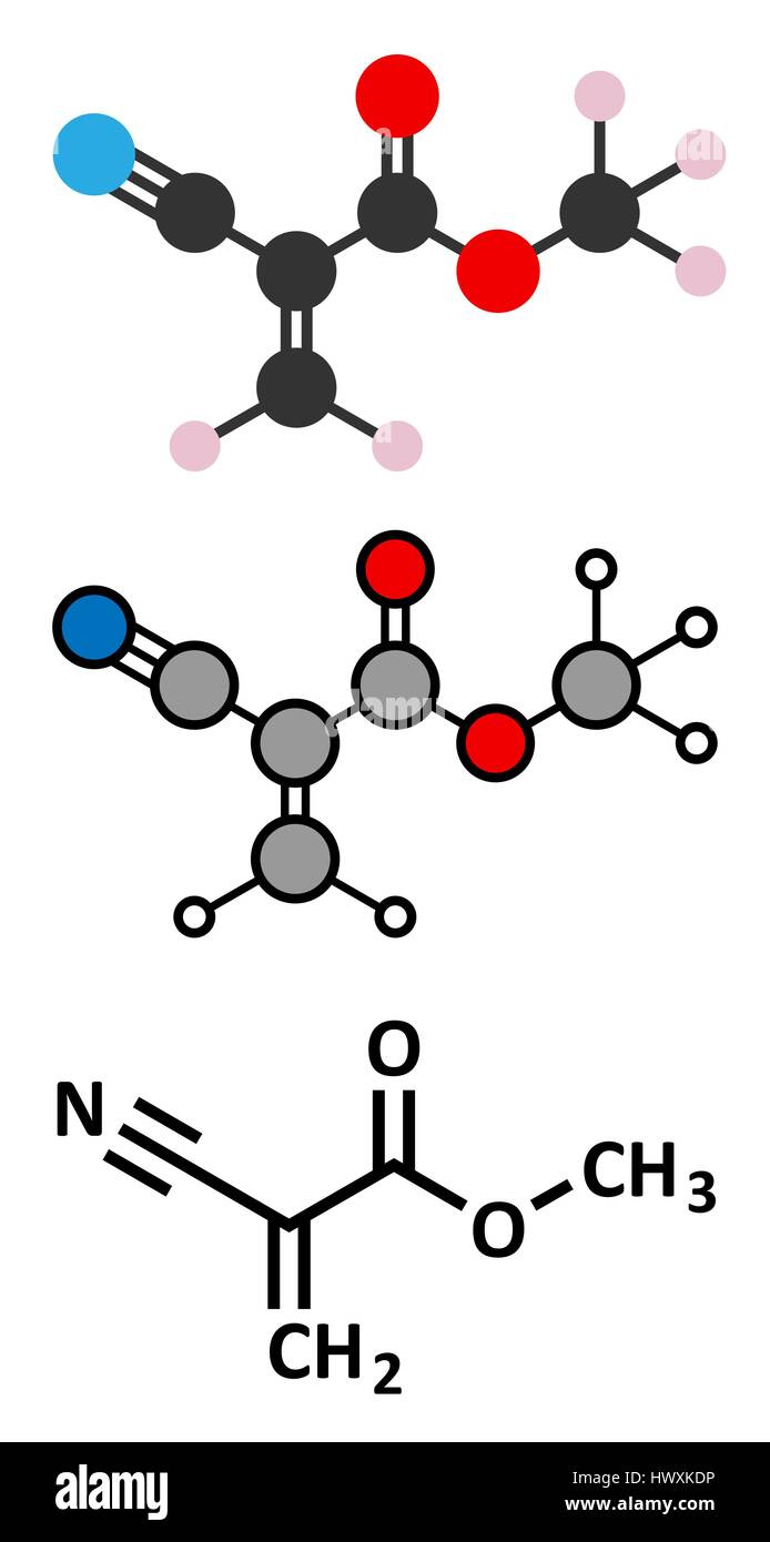 Methyl cyanoacrylate molecule, the main component of cyanoacrylate glues (instant glue). Stylized 2D renderings and conventional skeletal formula. Stock Vector