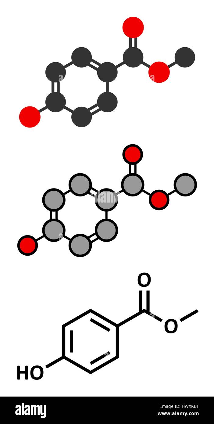 Methyl paraben preservative molecule. Stylized 2D renderings and conventional skeletal formula. Stock Vector