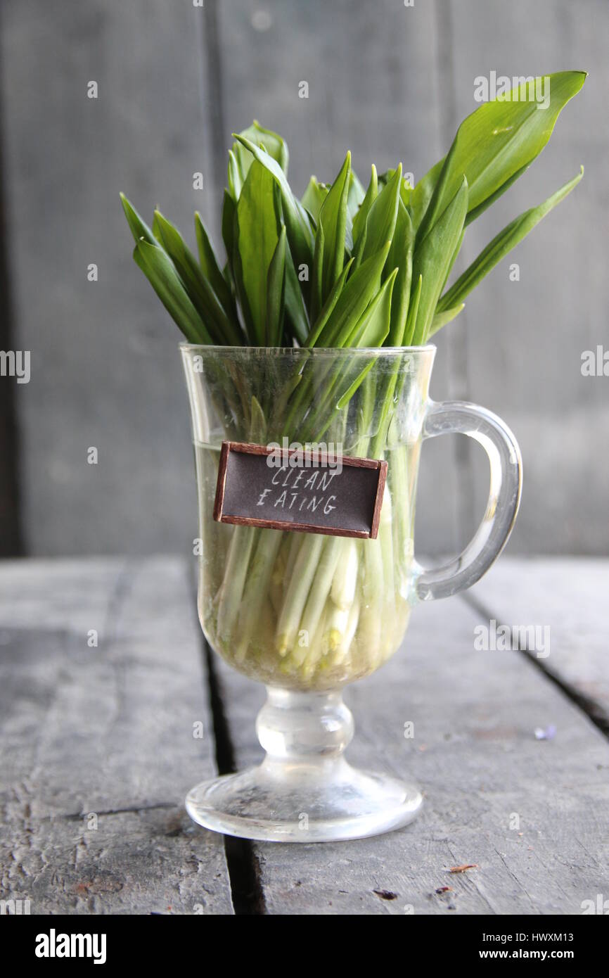 Clean eating. Wood garlic on vintage table and tag Stock Photo