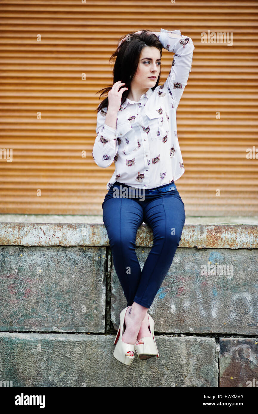 Young stylish brunette girl on shirt, pants and high heels shoes, posed  background iron fence. Street fashion model concept. 6631559 Stock Photo at  Vecteezy