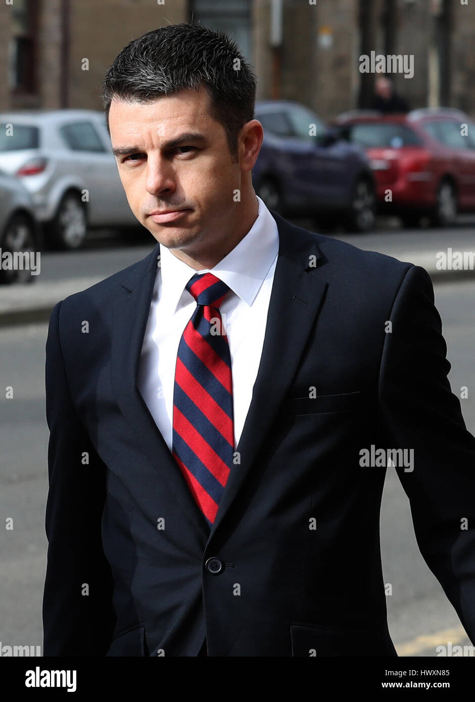 American airline pilot Paul Brady Grebenc, 35, arrives at Paisley Sheriff Court, where he and fellow pilot Carlos Roberto Licona, 45, have been released on bail and charged with being under the influence of alcohol as they prepared to fly a passenger jet from Scotland to the US. Stock Photo