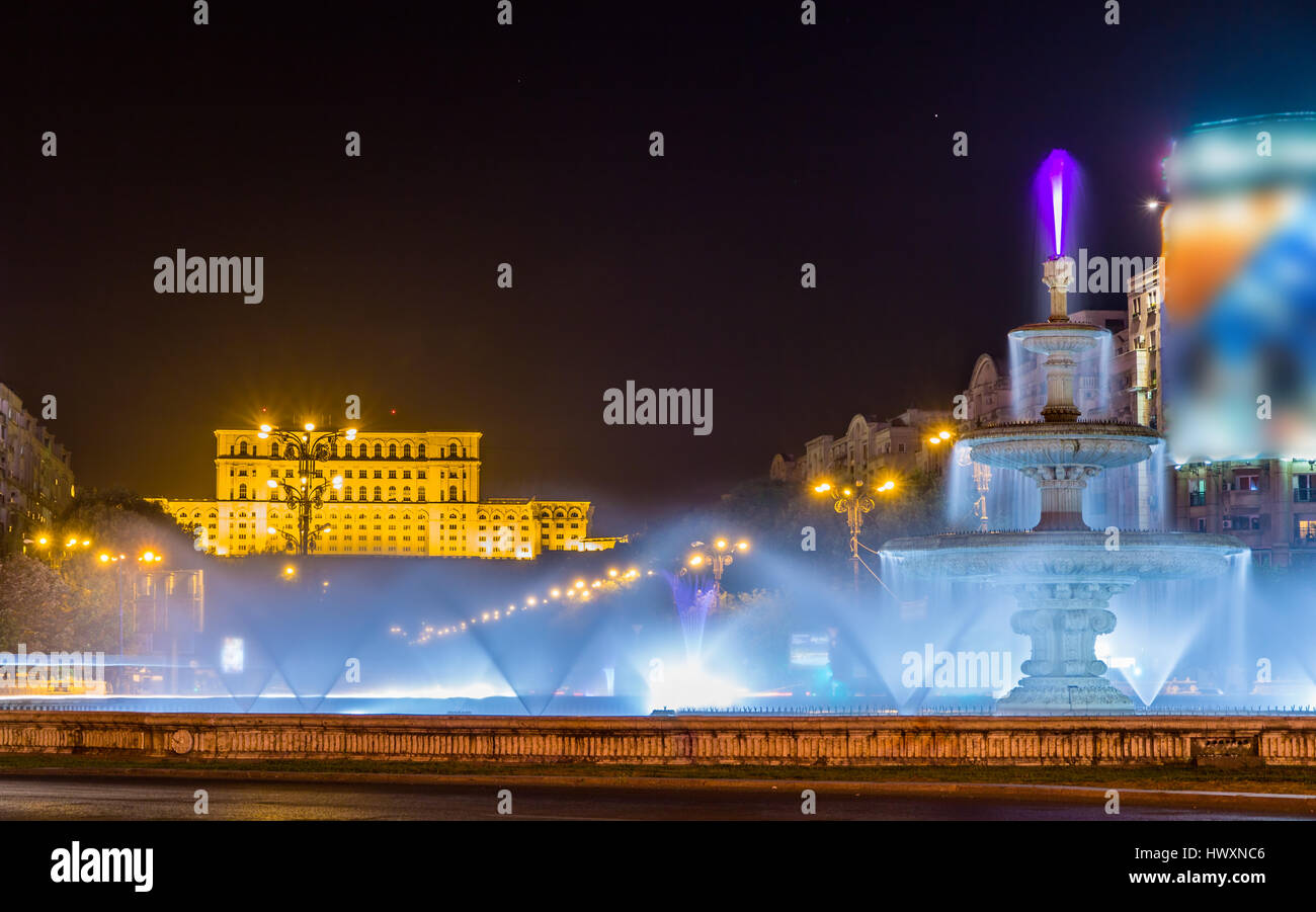 Water-jet Fountain in Unirii square - Bucharest, Romania Stock Photo