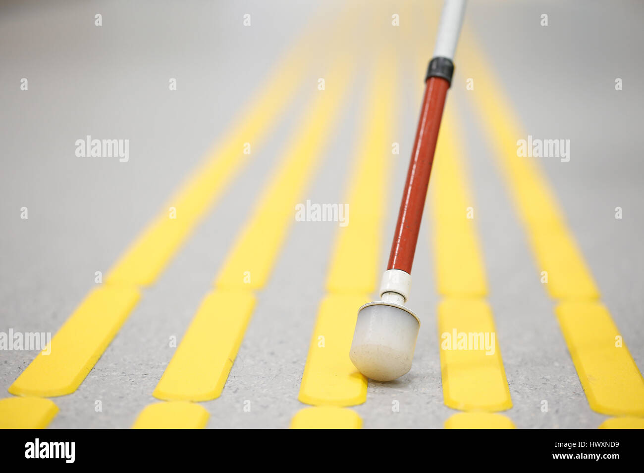Blind pedestrian walking and detecting markings on tactile paving with textured ground surface indicators for blind and visually impaired. Blindness a Stock Photo