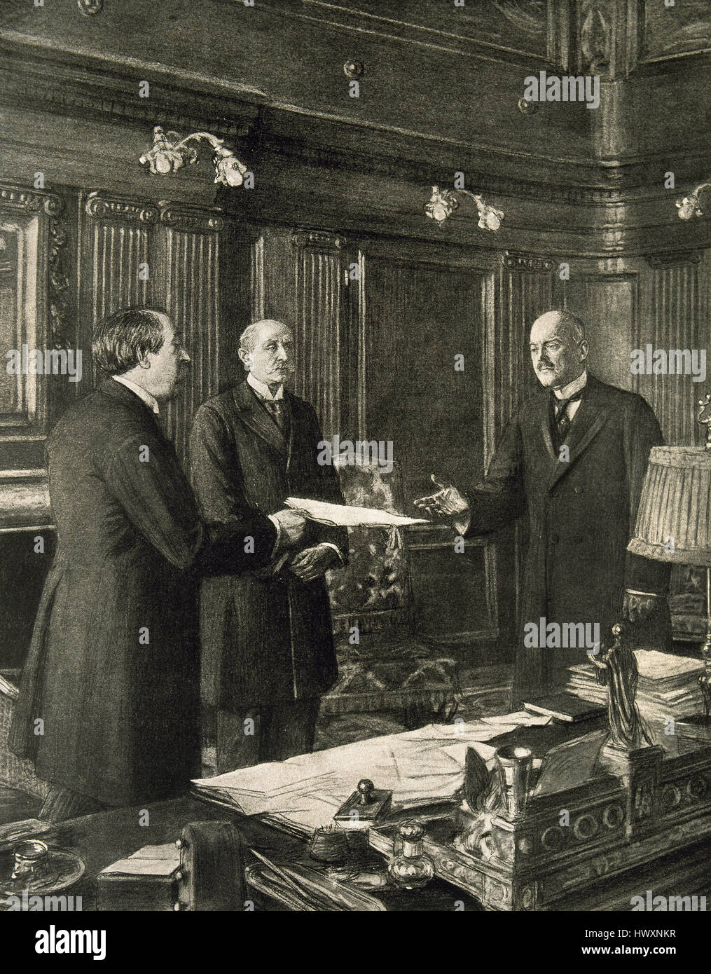 The President of United States, Thomas Woodrow Wilson (1856-1924)  meets with the representatives of the Allied forces. Engraving. 'La Ilustracion Francesa', 1917. Stock Photo
