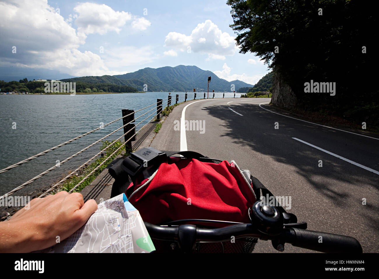 Biking in the Kawaguchi Lake area in southern Yamanashi Prefecture near Mount Fuji, Japan. Stock Photo