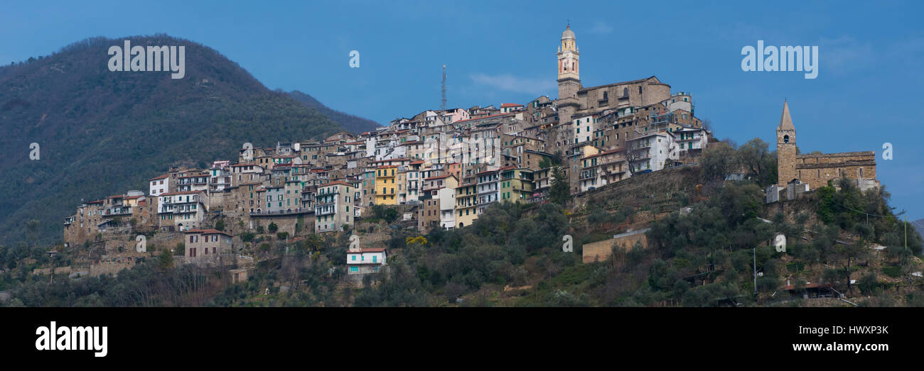 The village of Montalto Ligure situated on a hill in the Argentina Valley, Liguria. Stock Photo