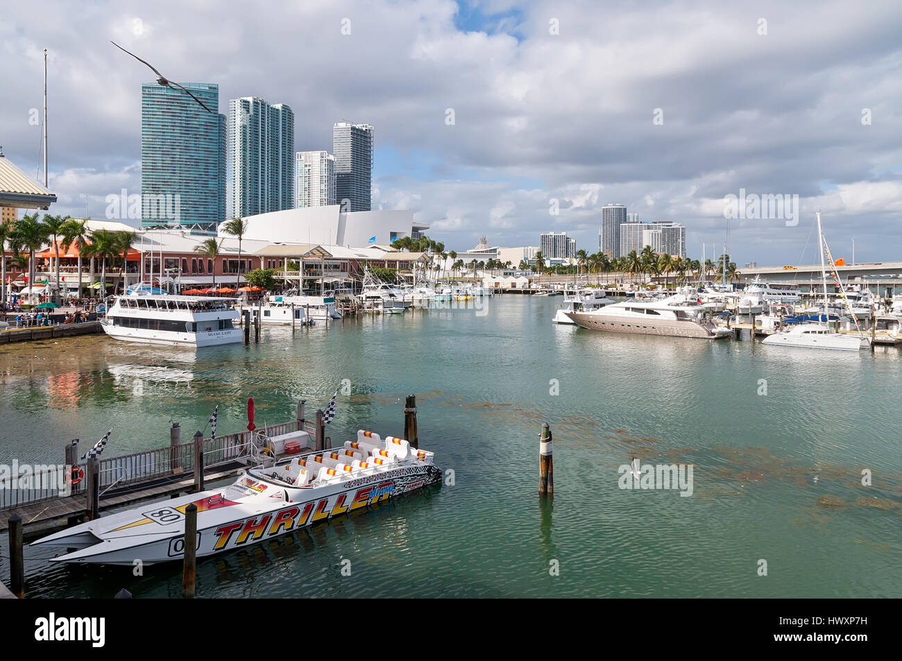 Miami, USA - November 25, 2011: Bayside Entertainment Market Place and Marina on a nice warm autumn day with the American Airlines Arena in the backgr Stock Photo