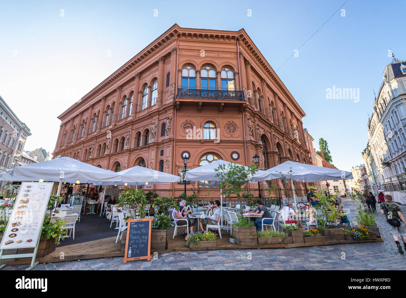 Bourse restaurant in historical building of Riga Stock Exchange at Cathedral Square on the Old Town of Riga, capital city of Republic of Latvia Stock Photo