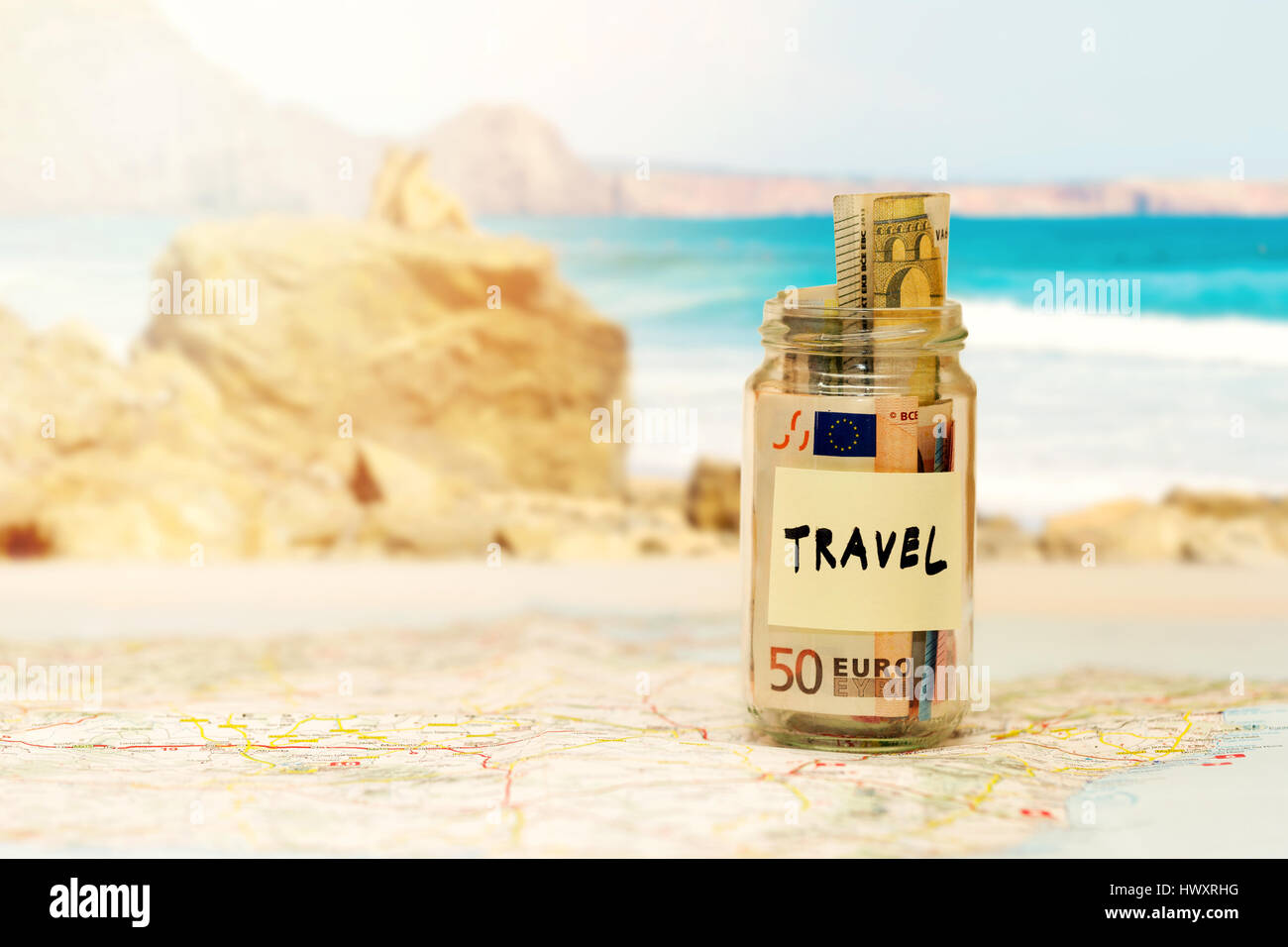 travel budget concept, money savings in a glass jar. copyspace Stock Photo