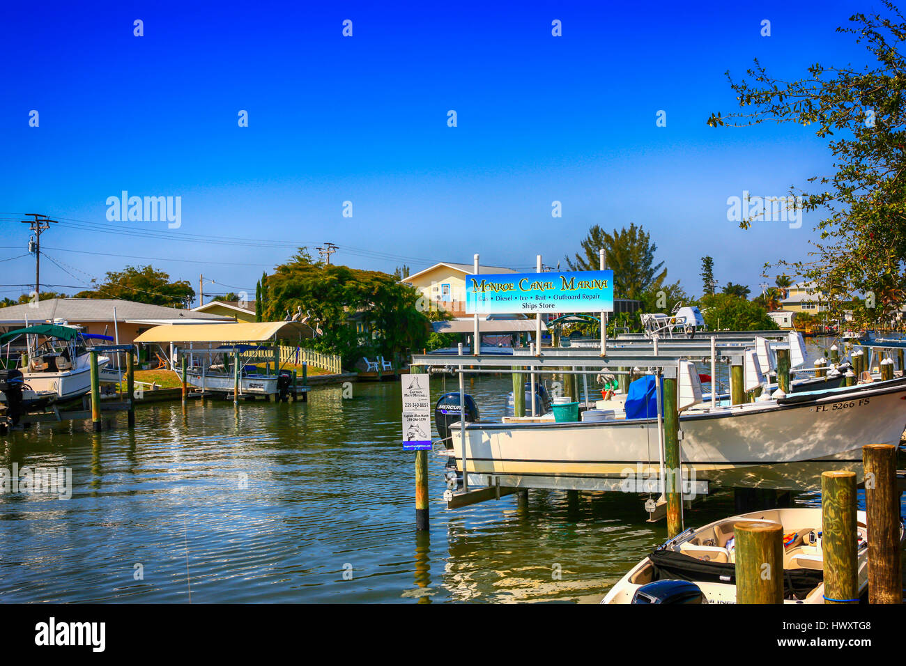 Boats in the Monroe canal at St James City on Pine Island FL Stock