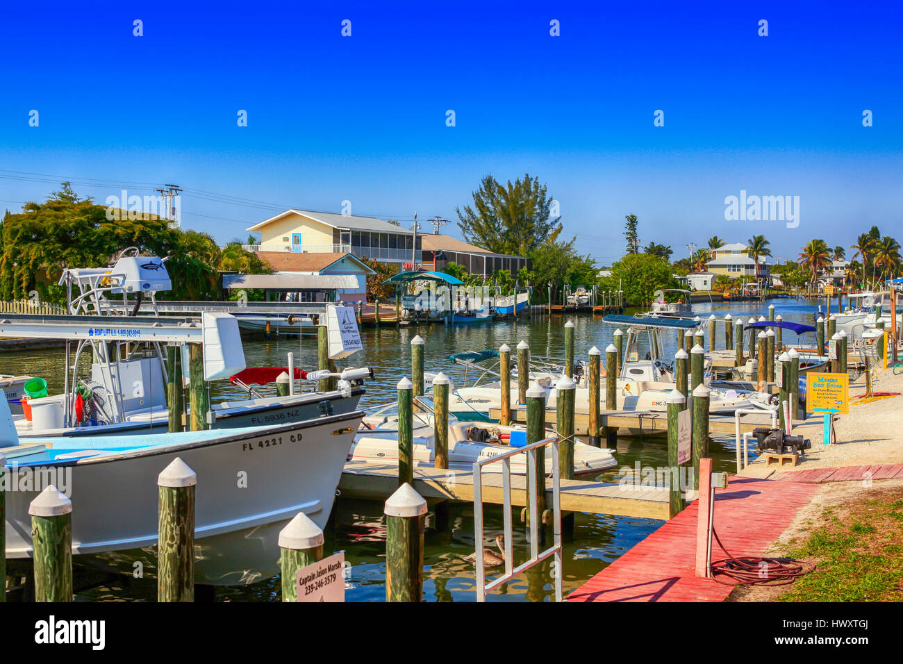 Boats in the Monroe canal at St James City on Pine Island FL Stock