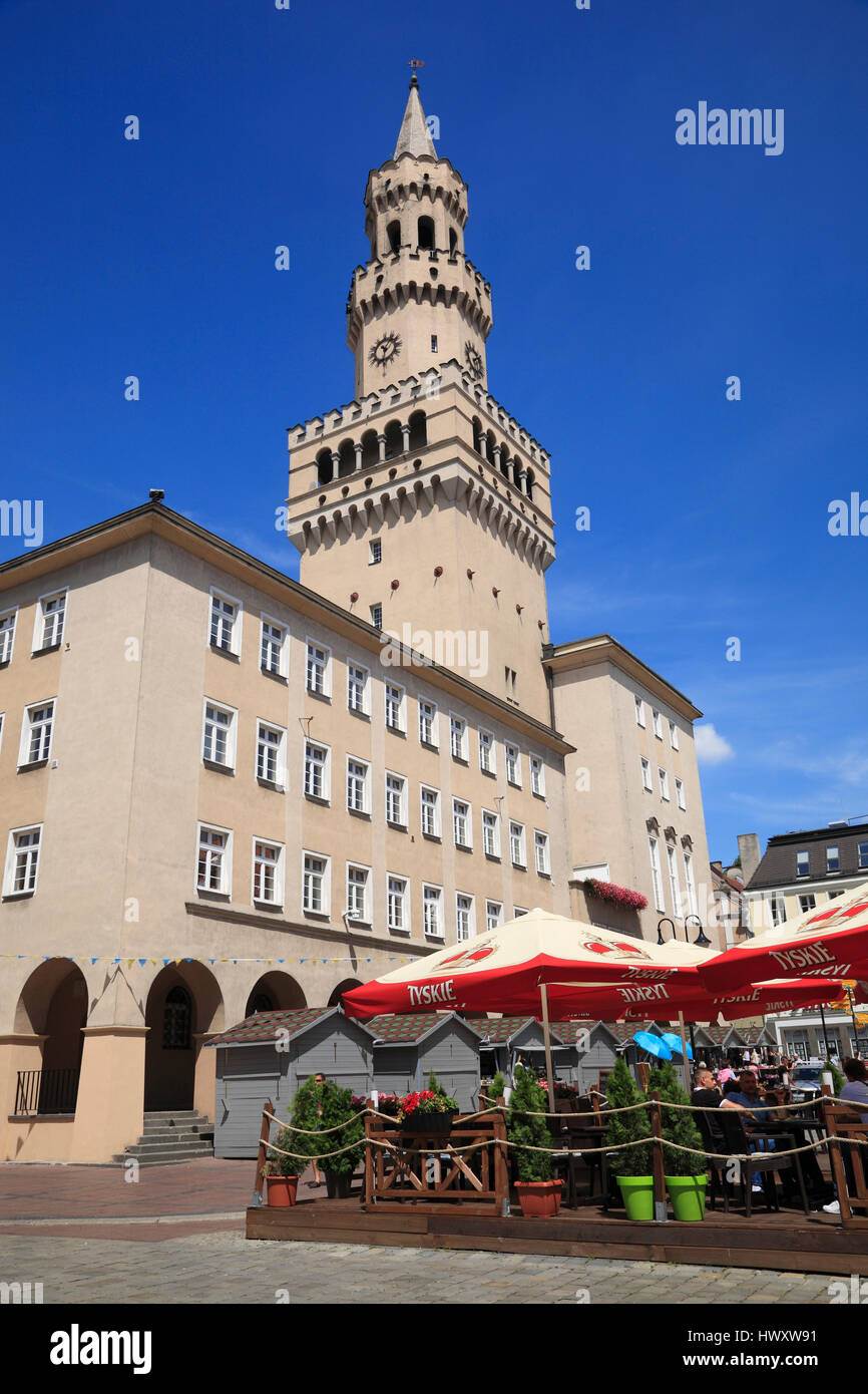 Restaurant and town hall at market square Rynek, Opole, Silesia, Poland, Europe Stock Photo