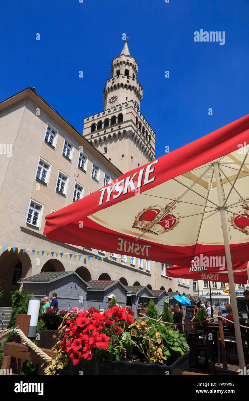 Restaurant and town hall at market square Rynek, Opole, Silesia, Poland, Europe Stock Photo