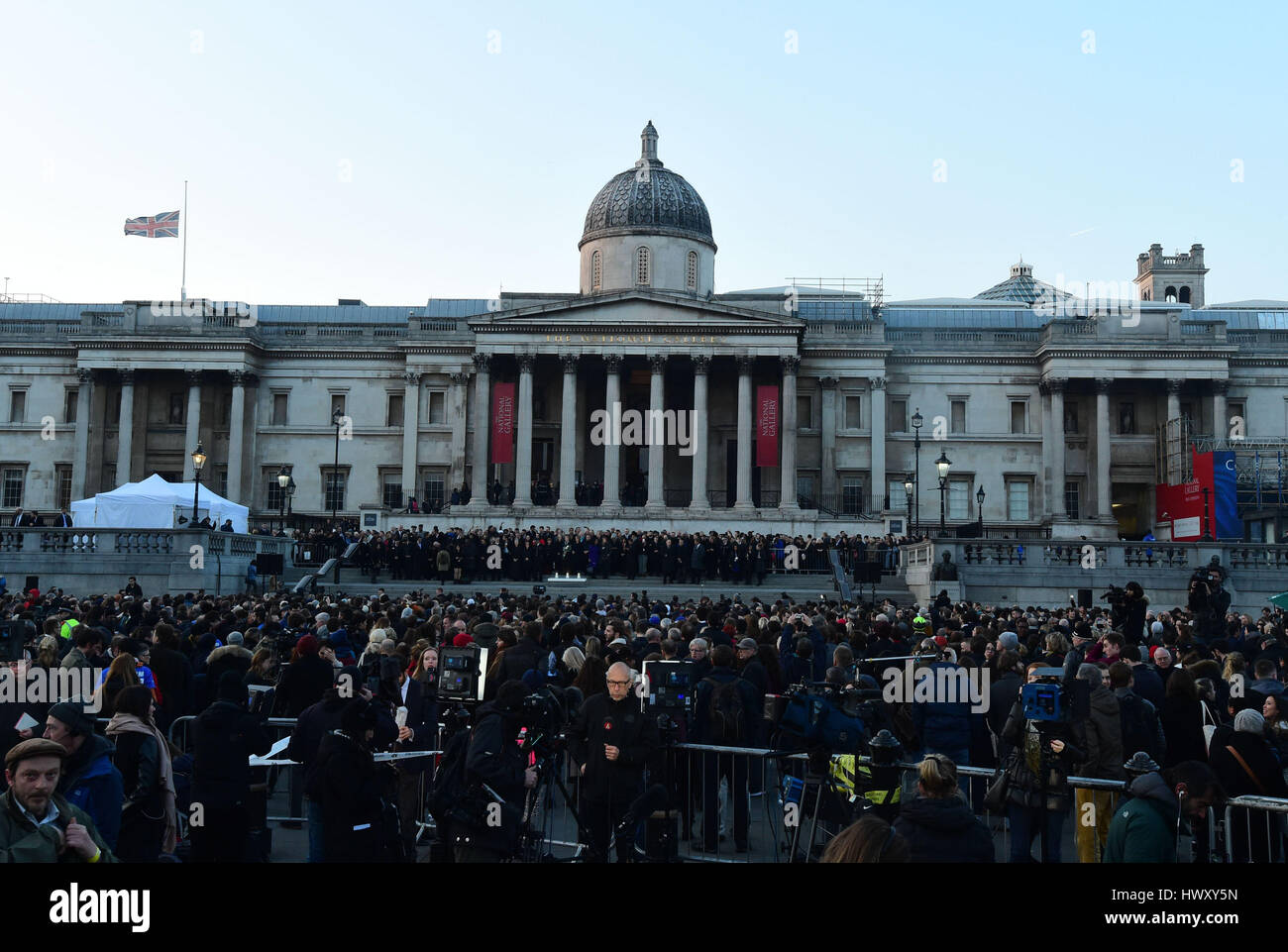 The crowd during the candlelight vigil in Trafalgar Square, London to remember those who lost their lives in the Westminster terrorist attack. Stock Photo