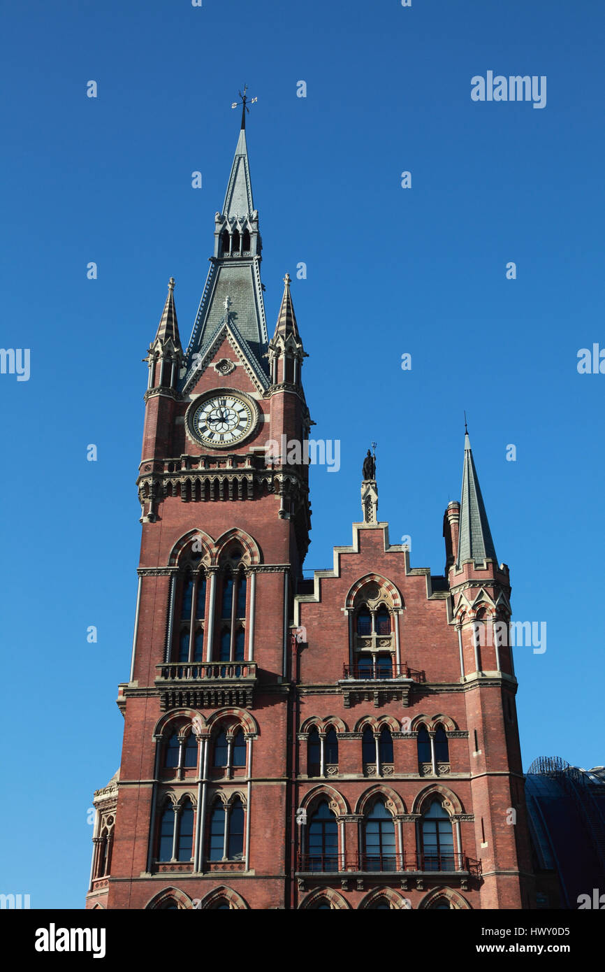 The clock tower of the St. Pancras Renaissance London Hotel, originally the Midland Grand Hotel designed by George Gilbert Scott Stock Photo