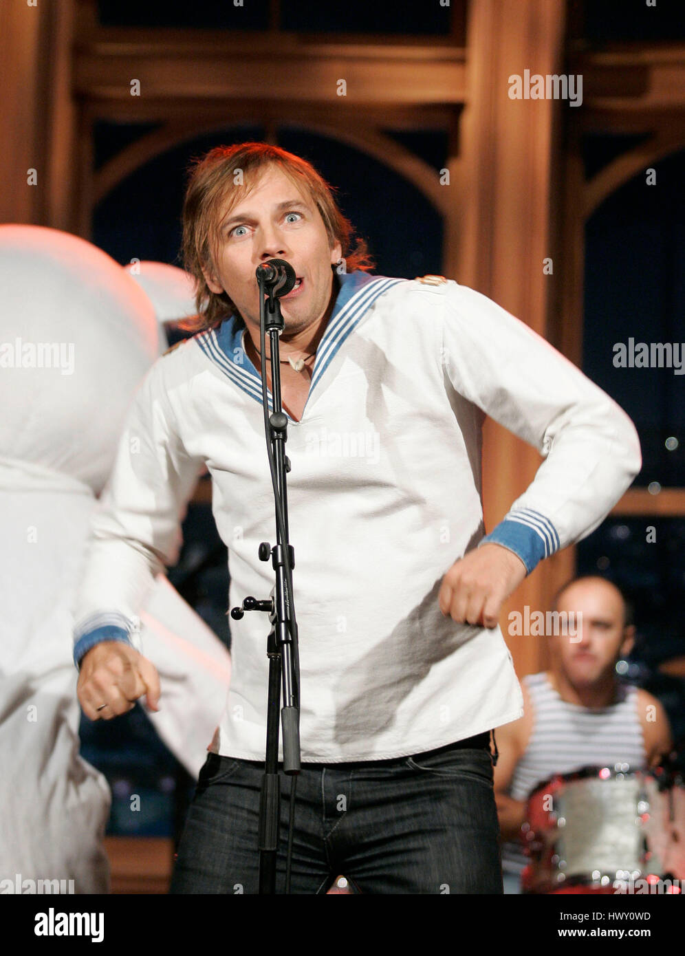 The Russian rock group, "Mumiy Troll" with band members, Ilya Lagutenko on  lead vocals, perform during a segment of the "Late Late Show with Craig  Ferguson" at CBS Television City in Los