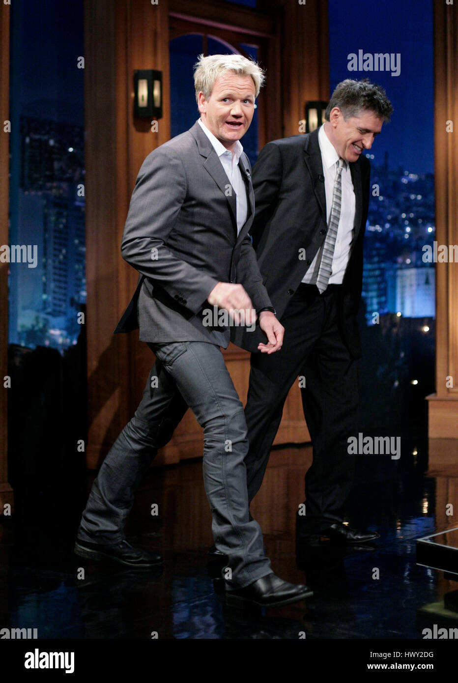 Chef Gordon Ramsay, left, with host Craig Ferguson during a segment of 'The Late Late Show with Craig Ferguson' at CBS Television City in Los Angeles, California, on March 10, 2009. Photo by Francis Specker Stock Photo