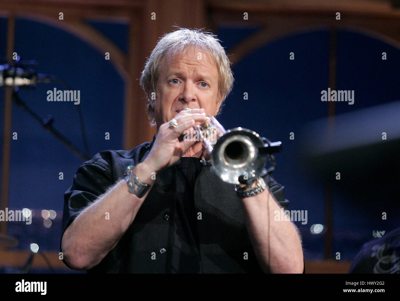 The band, Chicago, with member Lee Loughnane on trumpet, perform during a  segment of 'The Late Late Show with Craig Ferguson' at CBS Television City  in Los Angeles, California, on March 9,