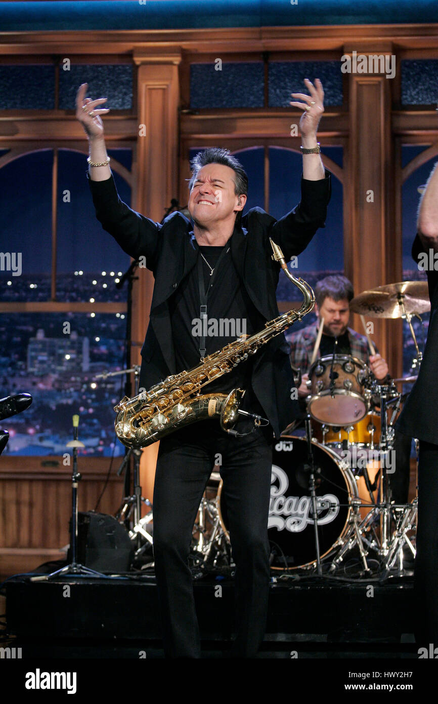 The band, Chicago, with member Walt Parazaider on woodwinds perform during a segment of 'The Late Late Show with Craig Ferguson' at CBS Television City in Los Angeles, California, on March 9, 2009. Photo by Francis Specker Stock Photo
