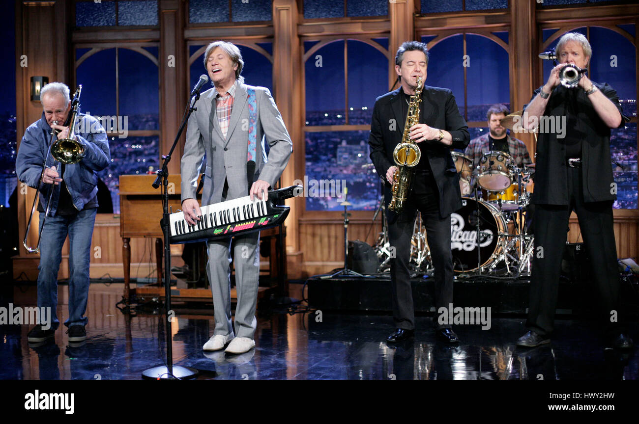 The band, Chicago, with members Robert Lamm on lead vocals and keyboard, Bill Champlain on guitar, Jason Scheff on bass, Keith Howland on guitar, James Pankow on trombone, Walt Parazaider on woodwinds, Tris Imboden on drums and Lee Loughnane on trumpet, perform during a segment of 'The Late Late Show with Craig Ferguson' at CBS Television City in Los Angeles, California, on March 9, 2009. Photo by Francis Specker Stock Photo