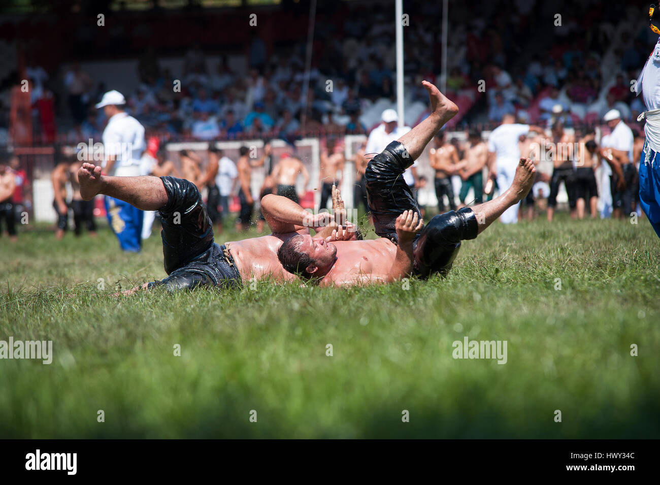 TURKEY, EDIRNE: Historical "Kirkpinar Oil Wrestling" is the world's oldest sporting event after the Olympics, which has been continuing since the firs Stock Photo