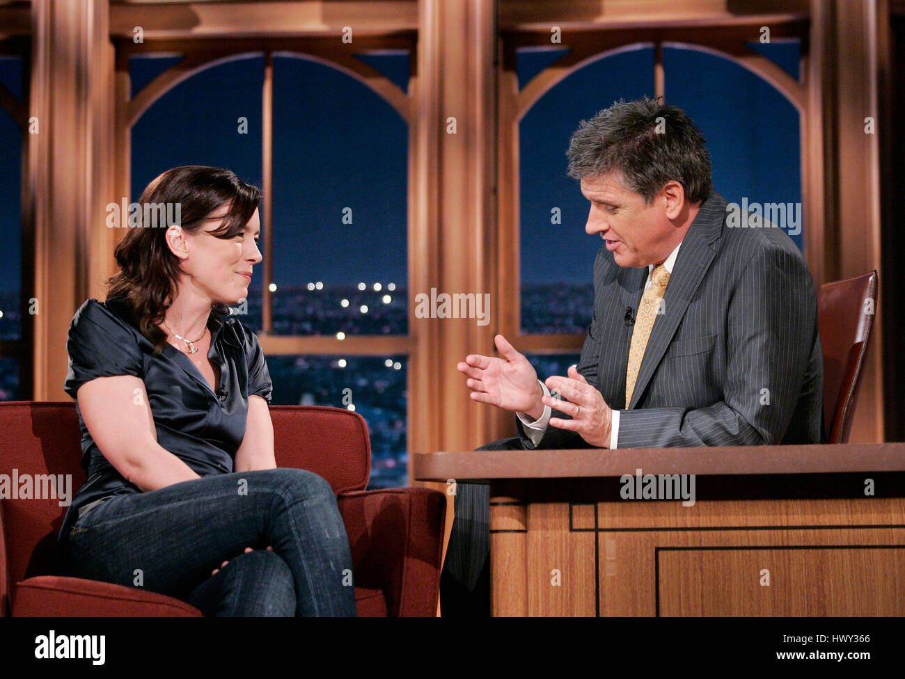 Actress Olivia Williams, left, chats with host Craig Ferguson during a segment of 'The Late Late Show with Craig Ferguson' at CBS Television City in Los Angeles, California, on Jan. 20, 2009. Photo by Francis Specker Stock Photo