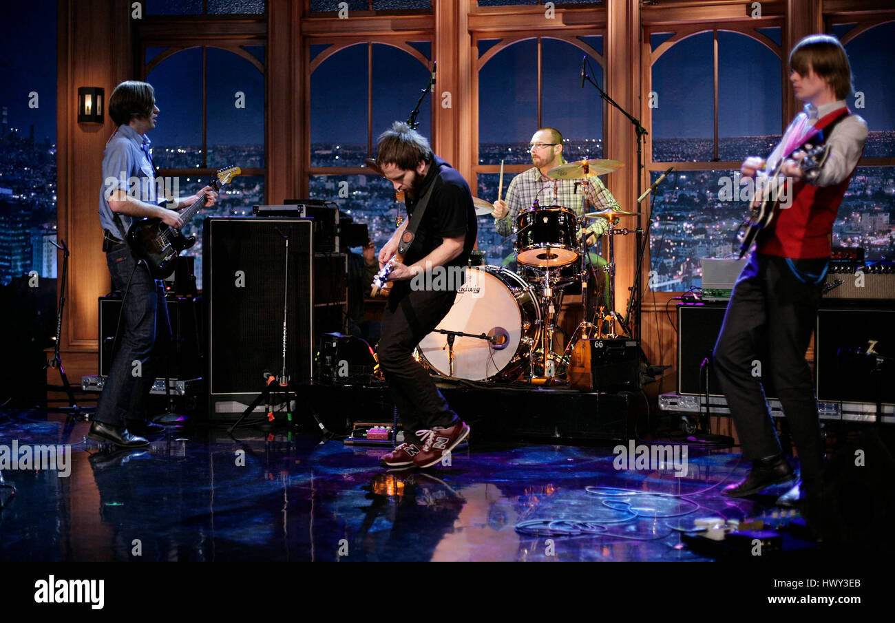 The band, 'Death Cab For Cutie'  with Ben Gibbard of lead vocals, left,  Nicholas Harmer on bass, Jason McGerr on drums and Chris Walla on guitar, performs during a segment of 'The Late Late Show with Craig Ferguson' at CBS Television City in Los Angeles on Friday, Dec. 12, 2008. Photo by Francis Specker Stock Photo