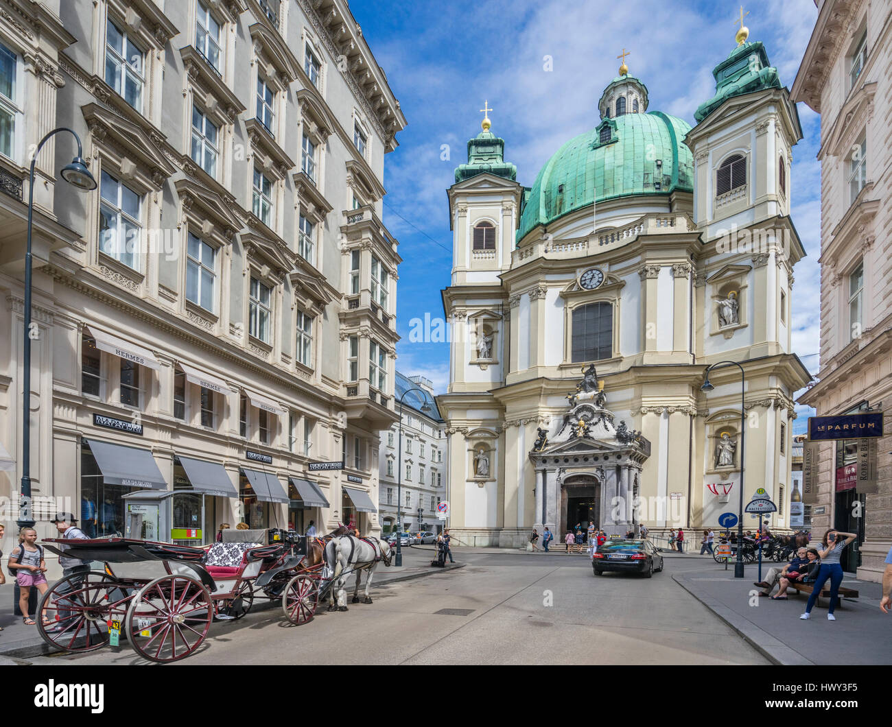 Austria, Vienna, 1. Bezirk, view of Peterskirche (St. Peter's Church) seen from Jungferngasse Stock Photo