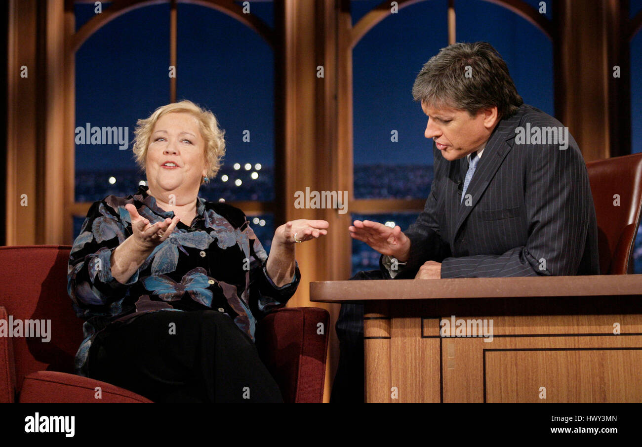 Actress Kathy Kinney, left, chats with host Craig Ferguson during a segment of 'The Late Late Show with Craig Ferguson' at CBS Television City in Los Angeles on Wednesday, Nov. 12, 2008. Photo by Francis Specker Stock Photo