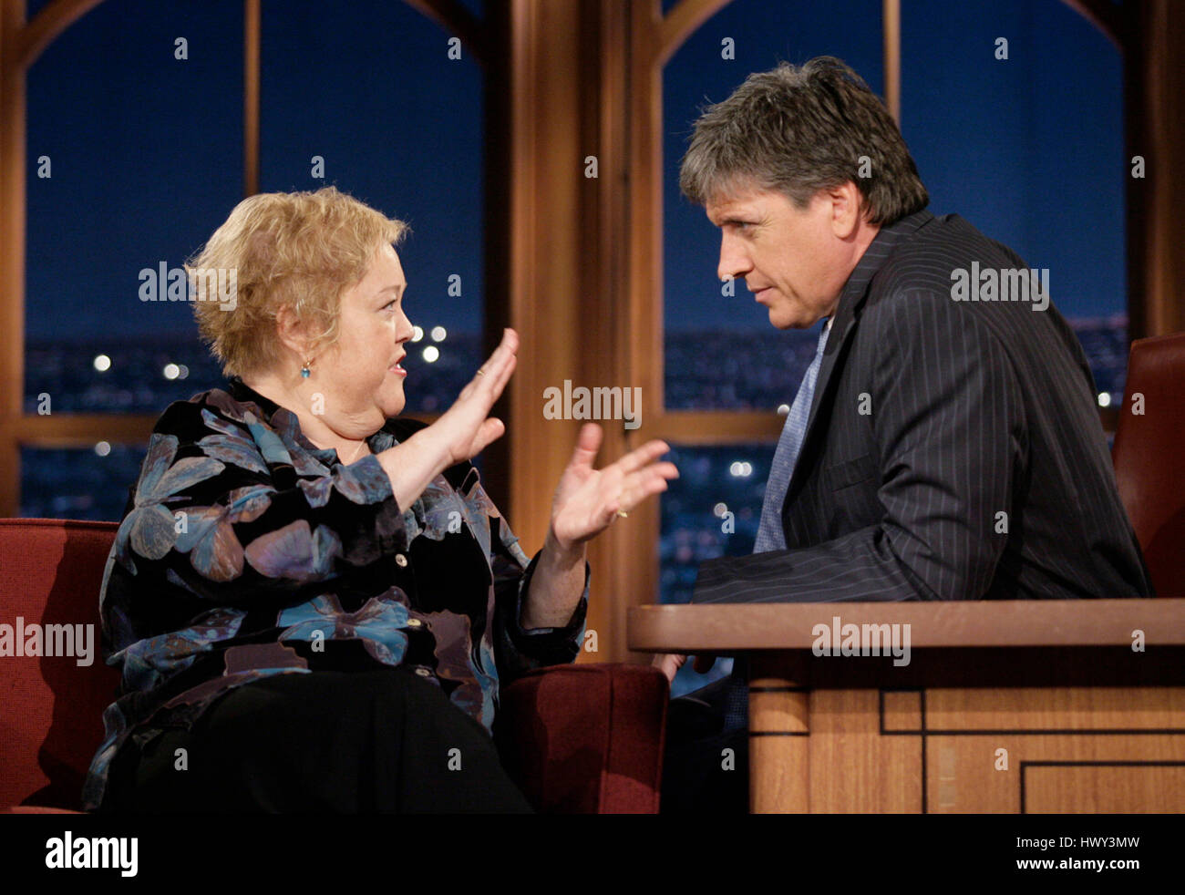 Actress Kathy Kinney, left, chats with host Craig Ferguson during a segment of 'The Late Late Show with Craig Ferguson' at CBS Television City in Los Angeles on Wednesday, Nov. 12, 2008. Photo by Francis Specker Stock Photo