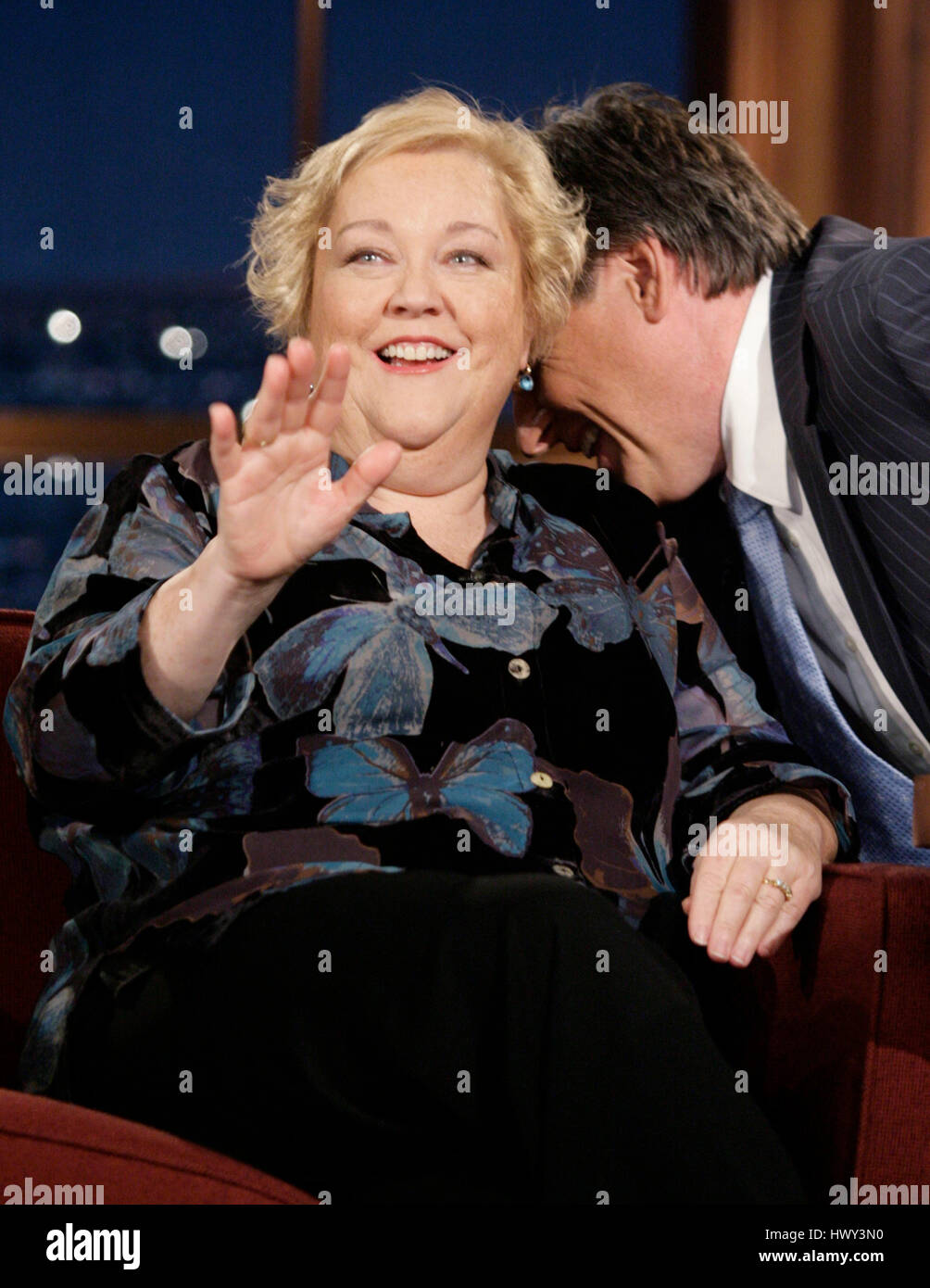 Actress Kathy Kinney, left, chats with host Craig Ferguson during a segment of 'The Late Late Show with Craig Ferguson' at CBS Television City in Los Angeles on Wednesday, Nov. 12, 2008. Photo by Francis Specker Stock Photo