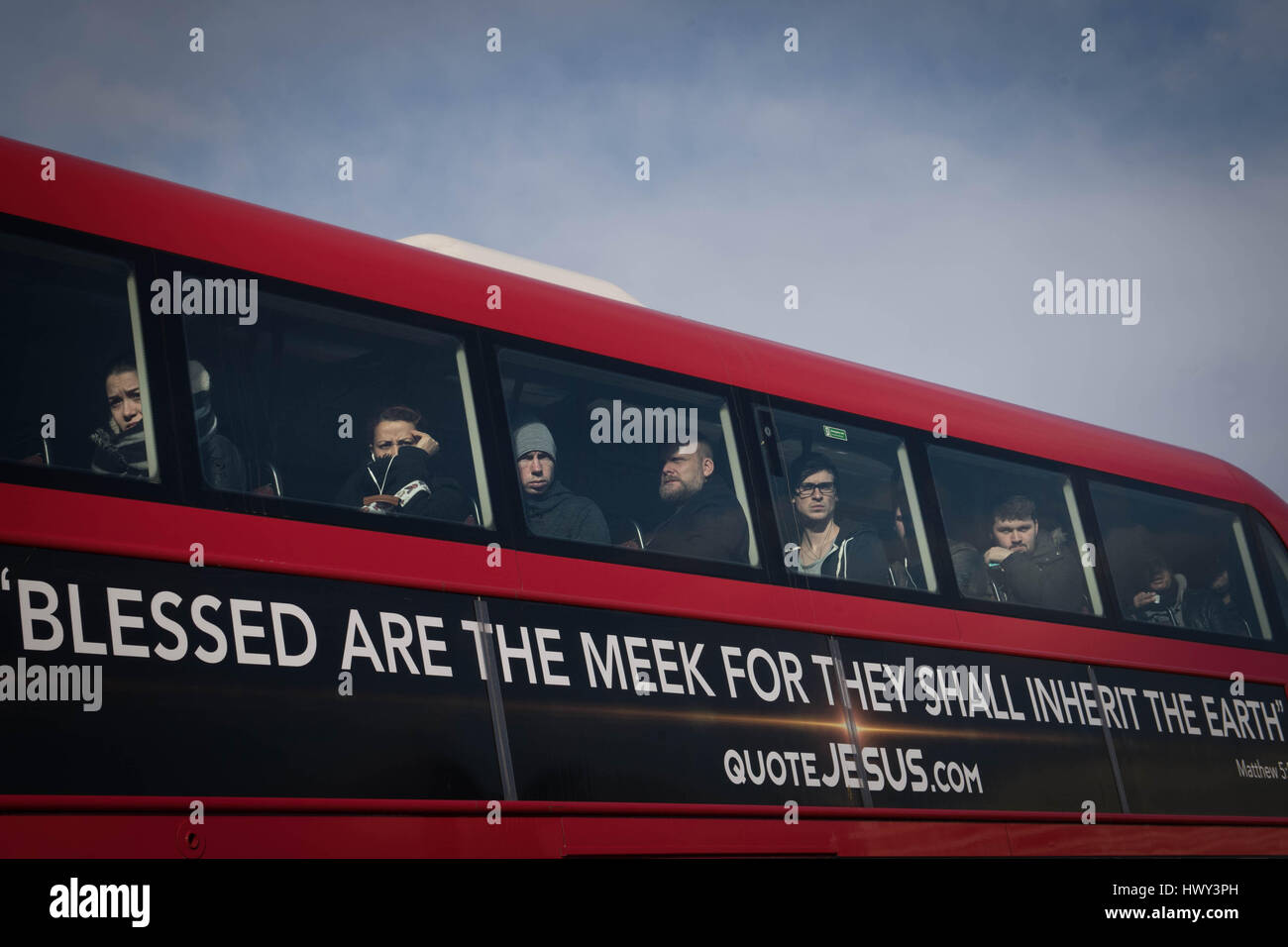 Commuters on a London bus travel through Westminster, London following the terrorist attack which claimed the lives of four people. Stock Photo