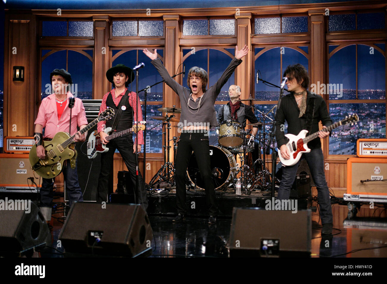 The band, 'New York Dolls' with David Johansen on lead vocals, Sylvain Sylvain, left, on guitar, Brian Delaney on drums, Sami Takamaki-Guy on bass and Steve Conte on guitar, perform during a segment of 'The Late Late Show with Craig Ferguson' at CBS Television City in Los Angeles on Tuesday, Oct. 28, 2008. Photo by Francis Specker Stock Photo