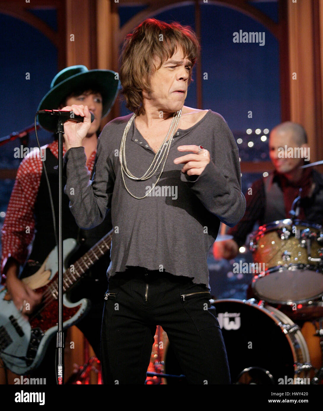 The band, 'New York Dolls' with David Johansen on lead vocals, Brian Delaney on drums, Sami Takamaki-Guy on bass, perform during a segment of 'The Late Late Show with Craig Ferguson' at CBS Television City in Los Angeles on Tuesday, Oct. 28, 2008. Photo by Francis Specker Stock Photo