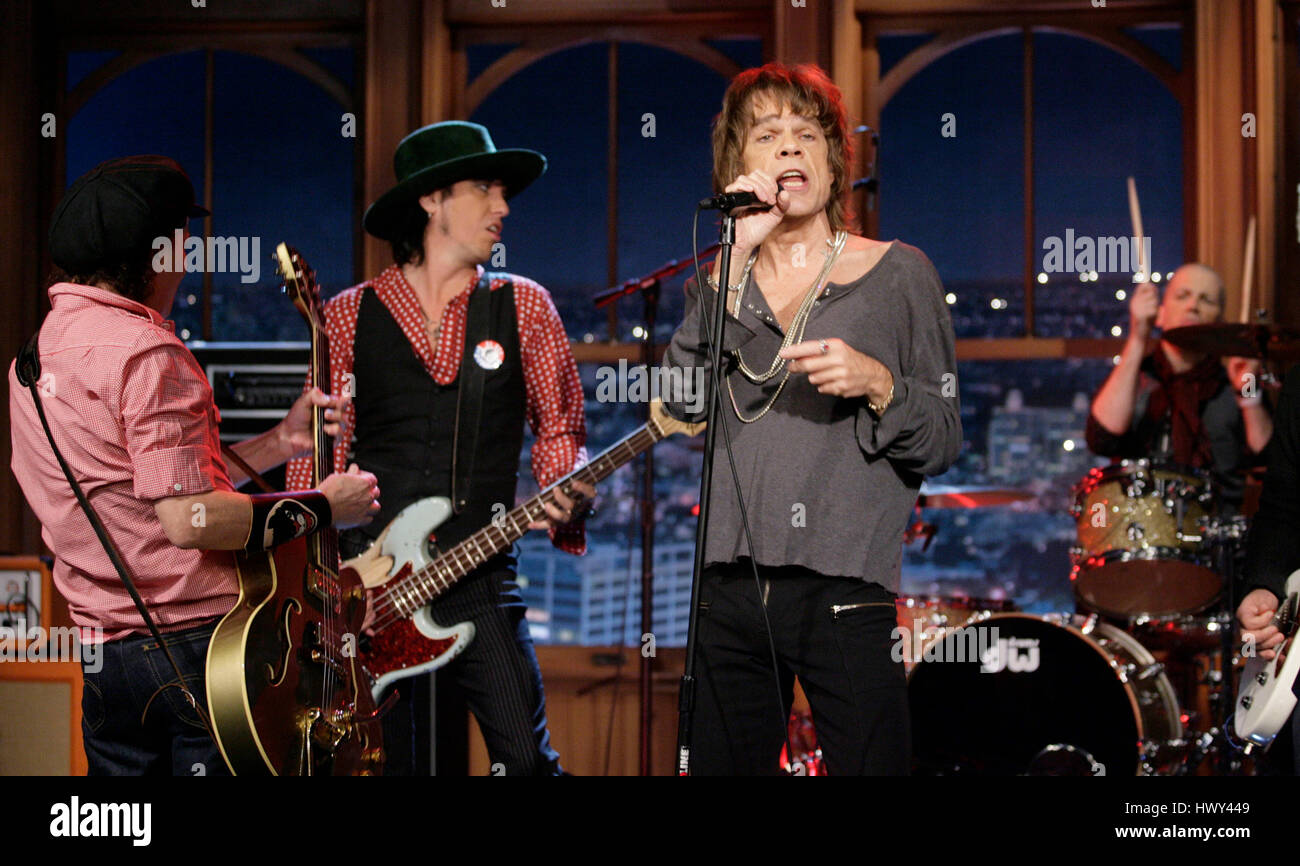 The band,' New York Dolls'  with David Johansen on lead vocals, Sylvain Sylvain, left, on guitar, Brian Delaney on drums, Sami Takamaki-Guy on bass, perform during a segment of 'The Late Late Show with Craig Ferguson' at CBS Television City in Los Angeles on Tuesday, Oct. 28, 2008. Photo by Francis Specker Stock Photo