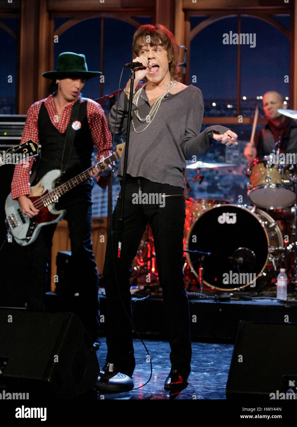 The band, 'New York Dolls' with David Johansen on lead vocals,  Brian Delaney on drums, Sami Takamaki-Guy on bass, perform during a segment of 'The Late Late Show with Craig Ferguson' at CBS Television City in Los Angeles on Tuesday, Oct. 28, 2008. Photo by Francis Specker Stock Photo
