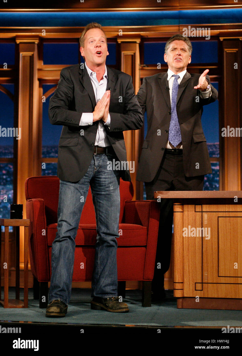 Actor Kiefer Sutherland, left, with host Craig Ferguson during a segment of 'The Late Late Show with Craig Ferguson' at CBS Television City on August 12, 2008 in Los Angeles, California. Photo by Francis Specker Stock Photo