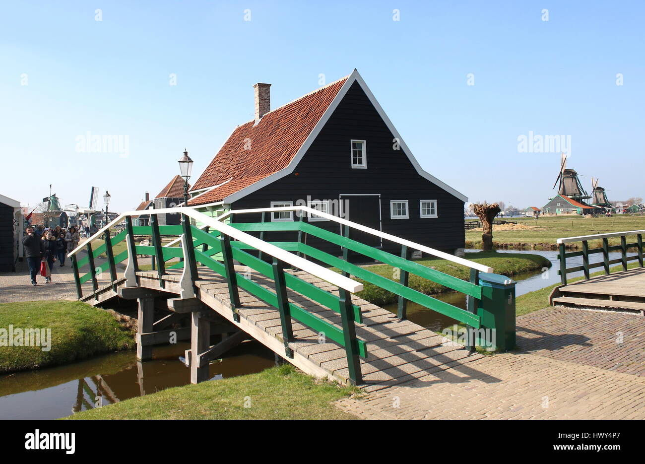 Wooden bridge and traditional house in the village of Zaanse Schans, Zaandam / Zaandijk, Netherlands Stock Photo
