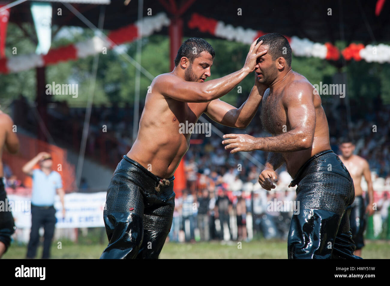 TURKEY, EDIRNE: Historical 'Kirkpinar Oil Wrestling' is the world's oldest sporting event after the Olympics, which has been continuing since the firs Stock Photo