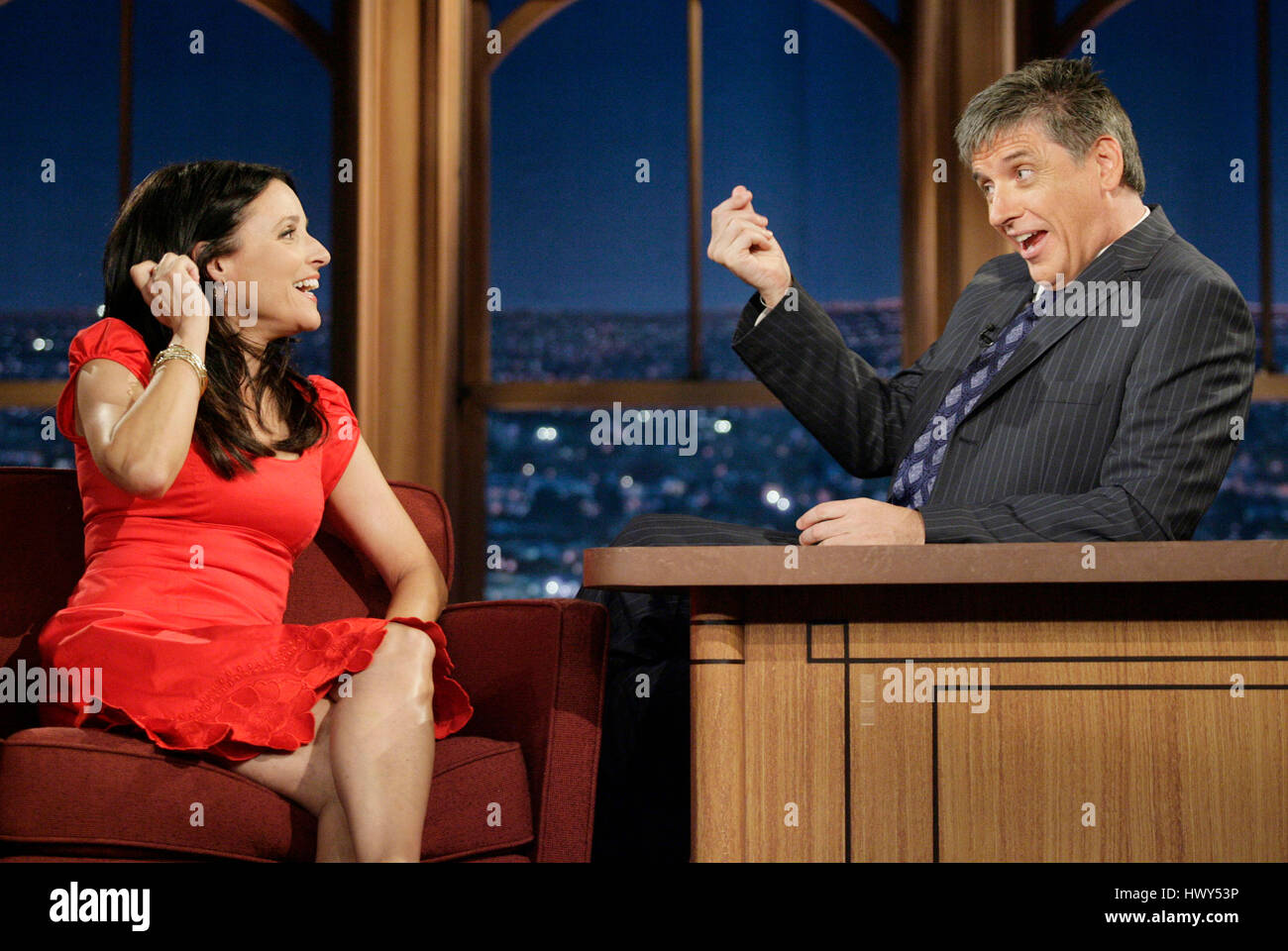 Host Craig Ferguson, right, interviews actress Julia Louis-Dreyfus during a segment of 'The Late Late Show with Craig Ferguson' at CBS Television City on June 2, 2008 in Los Angeles, California. Photo by Francis Specker Stock Photo
