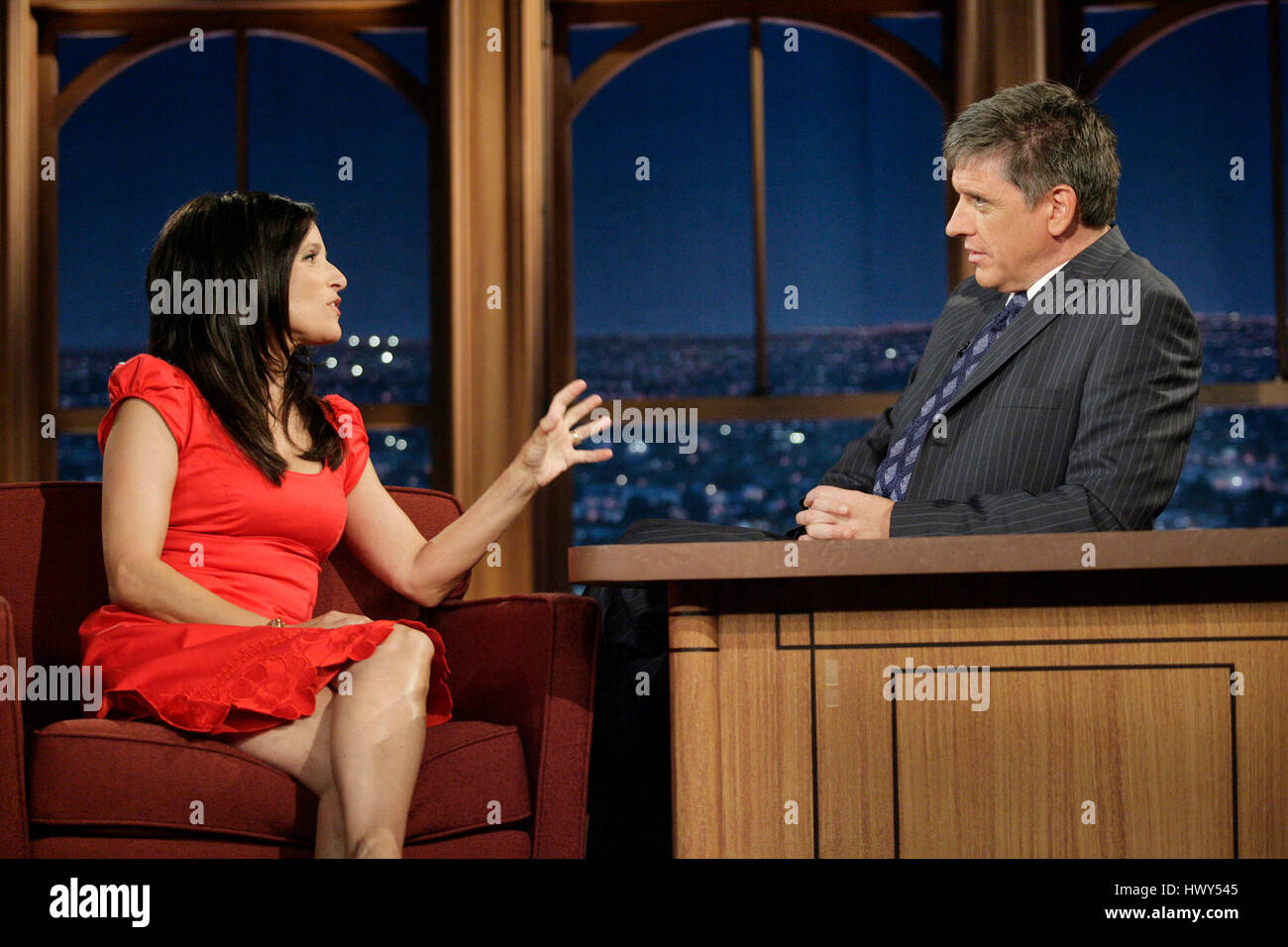 Host Craig Ferguson, right, interviews actress Julia Louis-Dreyfus during a segment of 'The Late Late Show with Craig Ferguson' at CBS Television City on June 2, 2008 in Los Angeles, California. Photo by Francis Specker Stock Photo