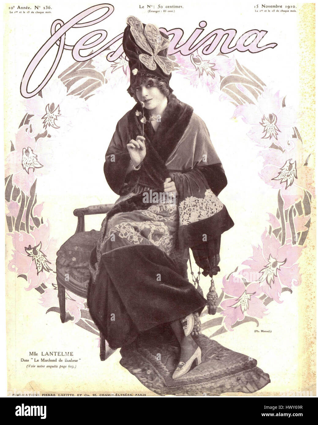 The cover of the French fashion magazine 'Femina' from 1910. The artwork features the fashion trends of the period, showcasing the elegance and styles of early 20th-century French fashion. Stock Photo