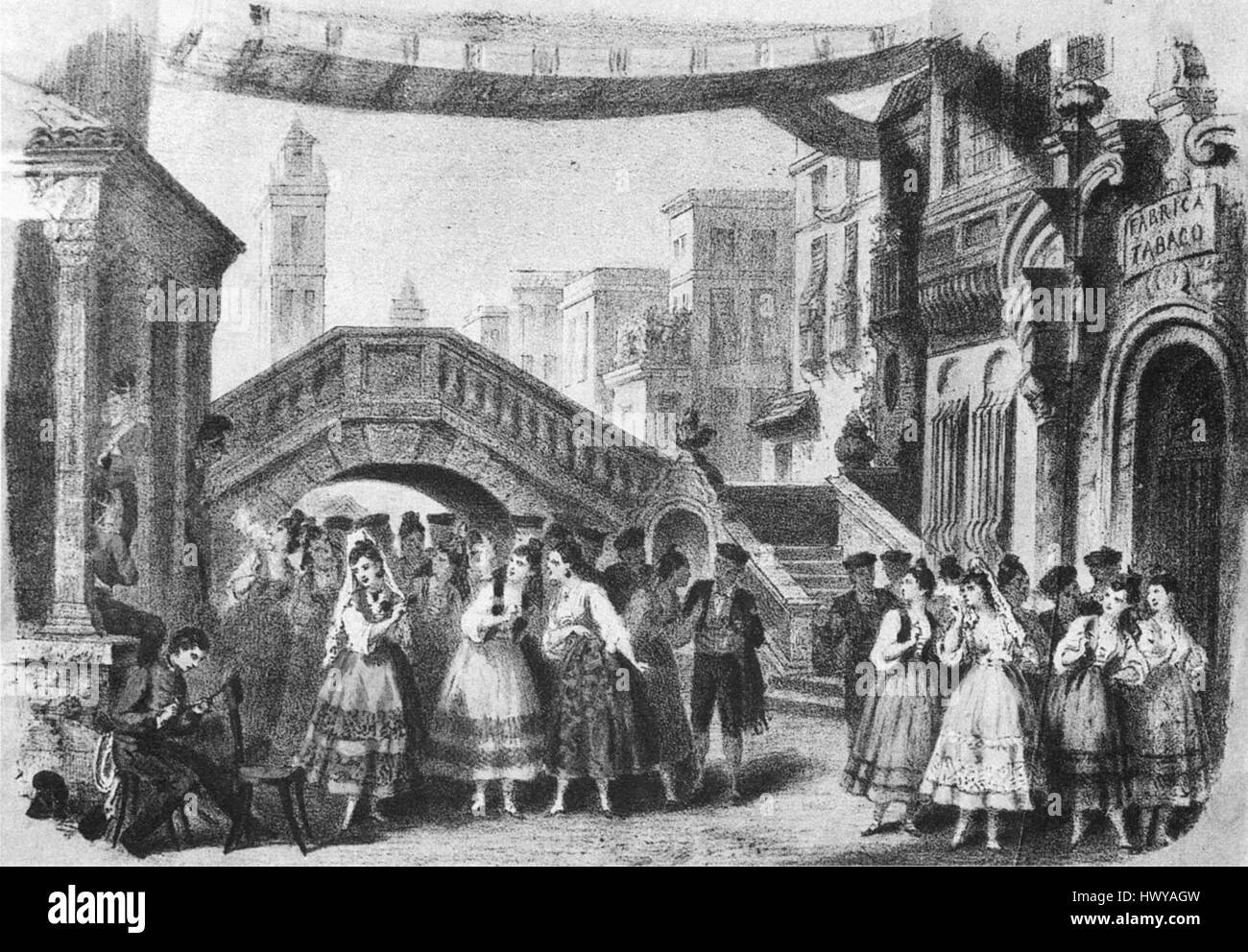 This lithograph of 'Carmen,' Act 1, created in 1875 by Lamy