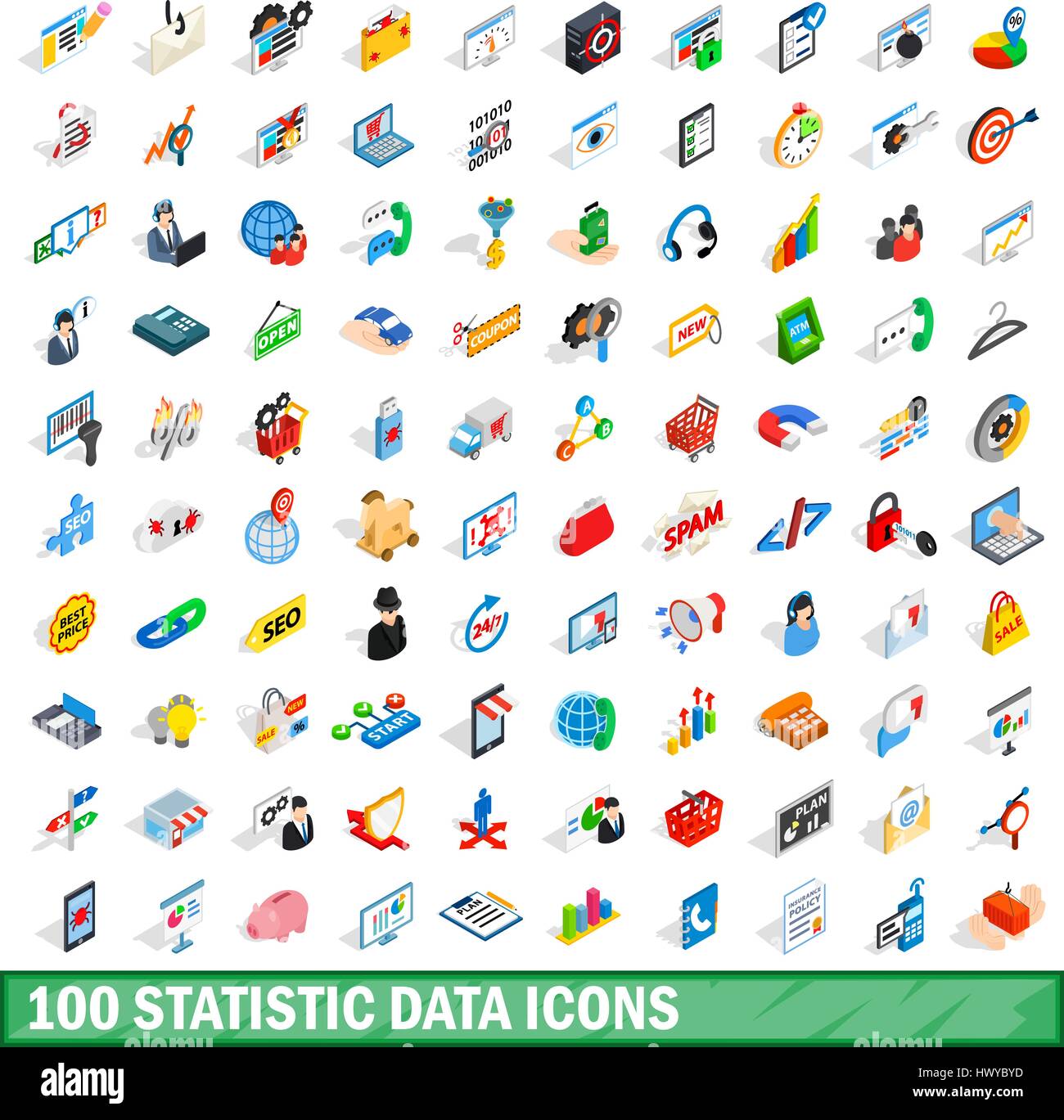 100 statistic data icons set, isometric 3d style Stock Vector Image ...