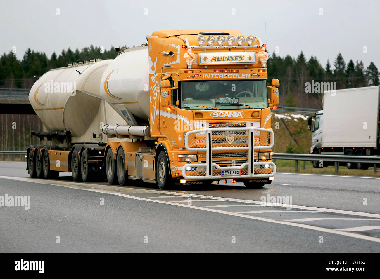 SALO, FINLAND - NOVEMBER 18, 2016: Super tank truck Scania R164 of Kuljetus Auvinen Oy on the road in Salo on a rainy afternoon. Stock Photo