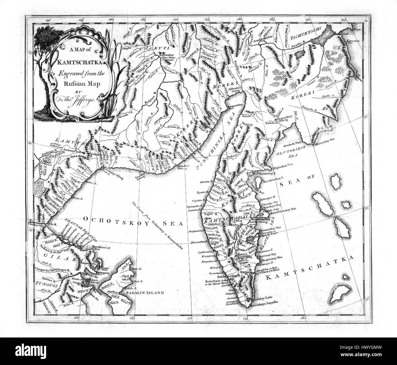A map of Kamtschatka engraved from the russian map by Tho Jefferys Stock Photo