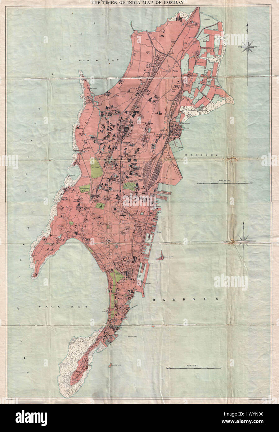 This map from the 1895 edition of the Times of India illustrates the city of Bombay (now Mumbai) during the late 19th century. The map provides insight into the city's geographical layout, urban development, and surrounding areas, reflecting Bombay's growth as a major port and commercial center in British India. Stock Photo