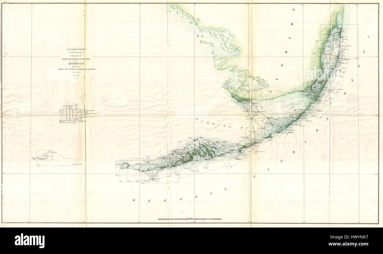 1859 U.S. Coast Survey Triangulation Map of the Florida Keys