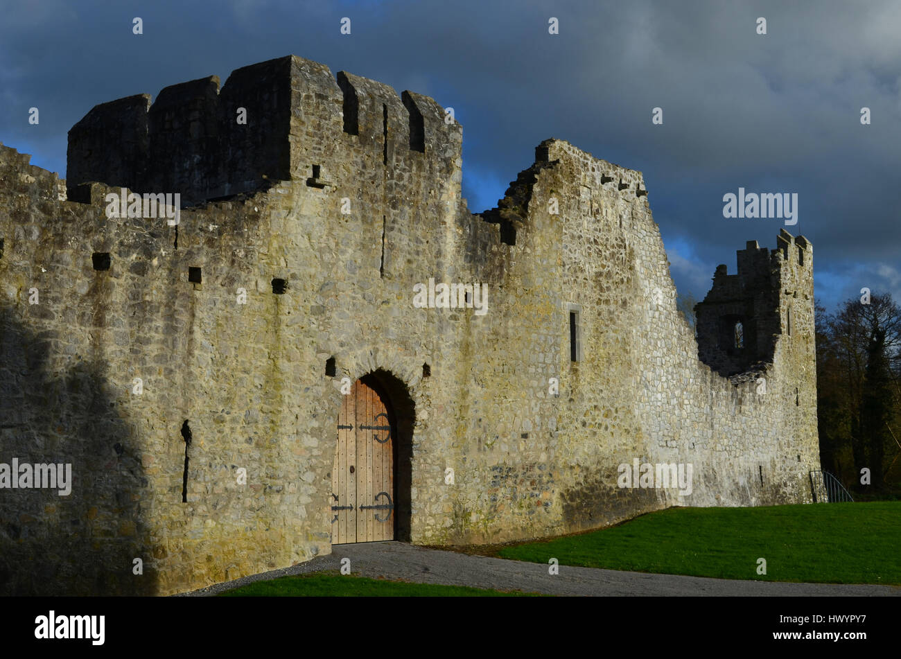 Very thick castle walls at Desmond Castle Ruins in Ireland Stock Photo