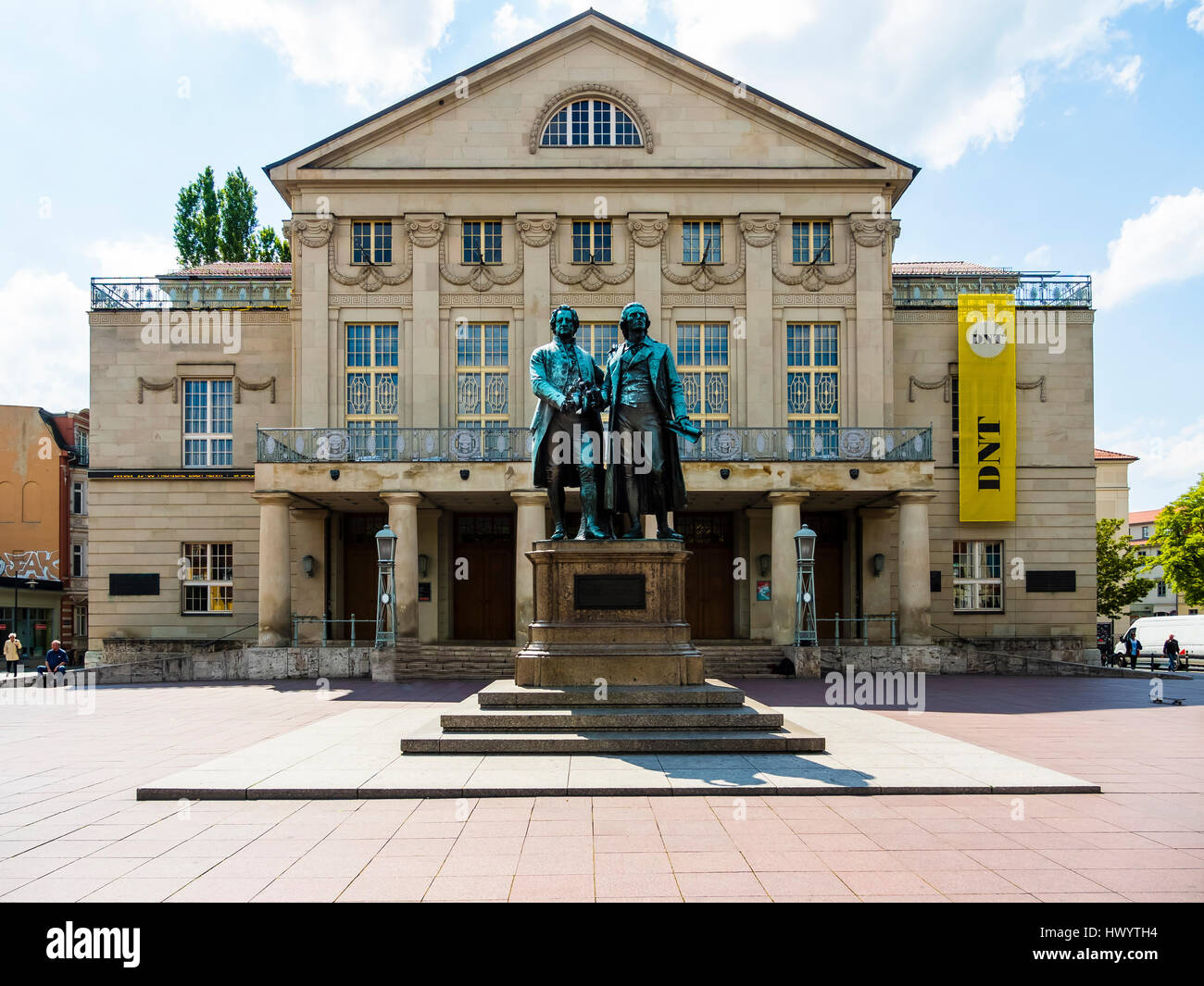 Germany, Weimar, Goethe-Schiller Monument in front of German National Theatre Stock Photo